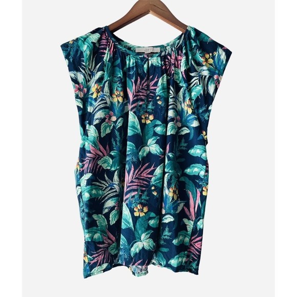 Loft Tropical Print Cap Sleeve Blouse Cotton Size M Green And Blue - Picture 2 of 7